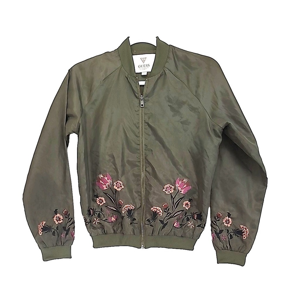 Guess Womens Bomber Style Jacket Sz S Lotus Embroidered Olive Green Full Zip